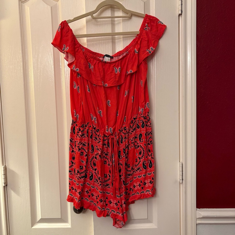 Venus brand off the shoulder (or not) red and paisley romper with tie waist.